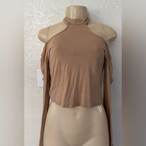 Heart Hips Tan Off-Shoulder Crop Top Off the shoulder long sleeve